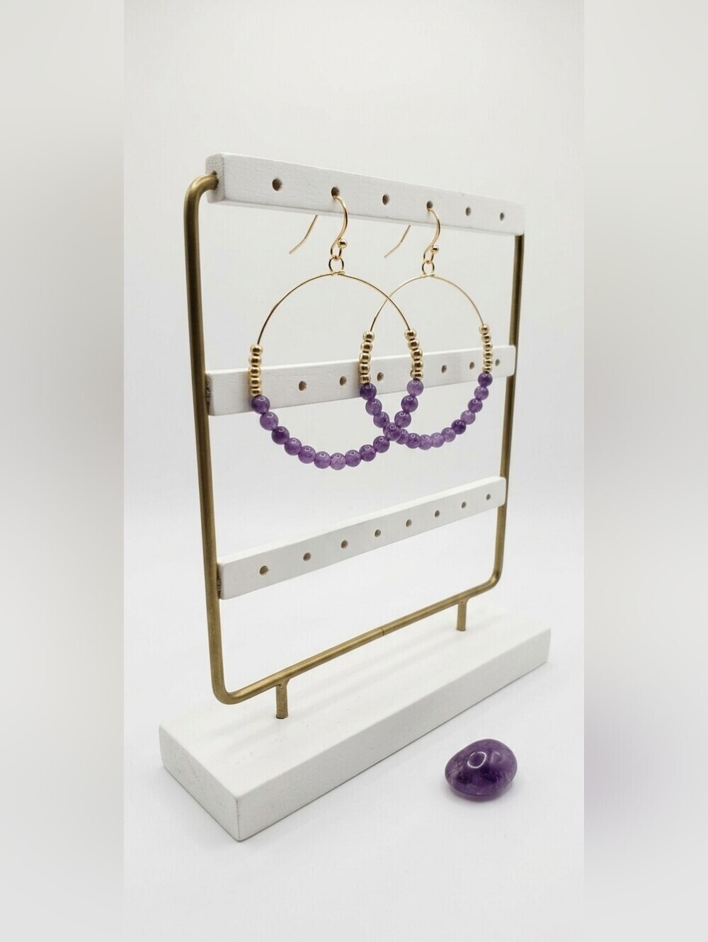 New Beaded Circle Hoop Earrings 1.75" Natural Stone Amethyst Gold Plated